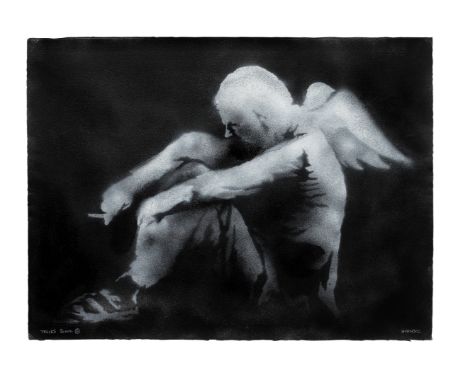 BANKSY (B. 1975)Fallen Angel 2008 signed and inscribed Thanks Simon ☮spray paint on paper 56.3 by 75.5 cm.22 3/16 by 29 3/4 i