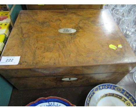 A 19th century Mechi &amp; Bazin burr walnut sewing box with fitted compartment with mother of pearl topped accessories&nbsp;