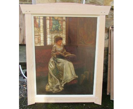 A Victorian oil on canvas, portrait of a seated woman reading from a book with stained glass window behind, 34.5ins x 26ins -