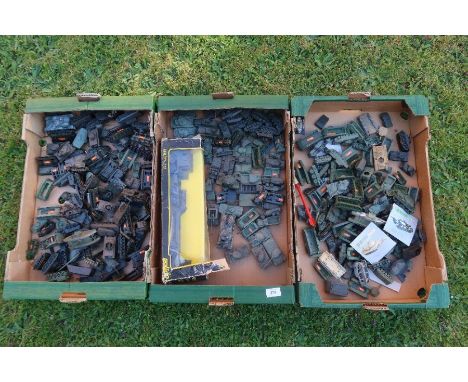 Three boxes of model tanks including Solido, Corgi, Dinky examples etc