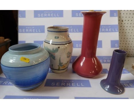 A&nbsp; Christopher Dresser style large pink ground vase, a Bourne Denby purple ground vase, a Shelley vase and a Poole style