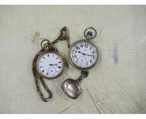 An Omega pocket watch together with Silver caddy spoon and rolled gold pocket watch and chain&nbsp;