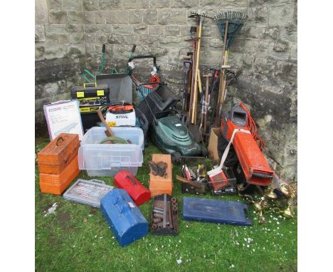 A large collection of tools including mower, leaf blower etc&nbsp;