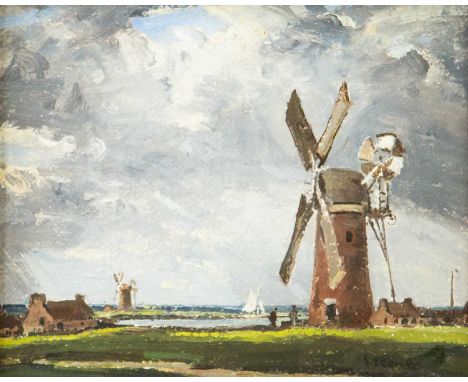 Manner of George II GRAHAM (1881/82-1949) A Norfolk Windmill Oil on board, signed and titled to verso possibly by a different