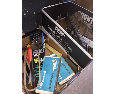 Two boxes of tools including record planes, saws and a mitre saw block 