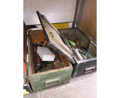 Two wooden tool boxes complete with a variety of tools 