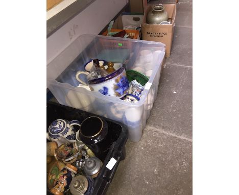 Six boxes of assorted pottery including Steins, Goebel dog,vases, Delft pottery, etc 