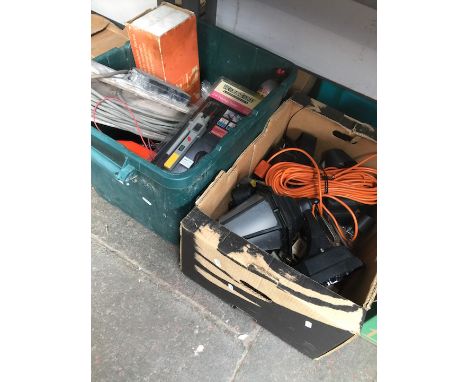 2 boxes of various tools to include cable, tester, power tools, outdoor lamps, etc 
