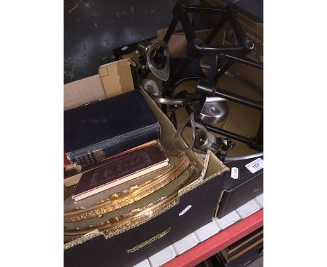 Two boxes of misc including books, speaker stands, photo frames etc 