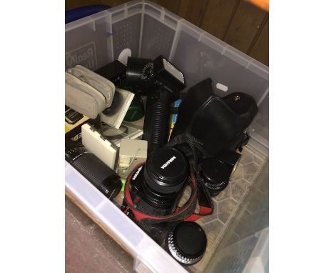 A box containing a Miranda MS-2 Super camera, lenses and accessories to include flash, etc 