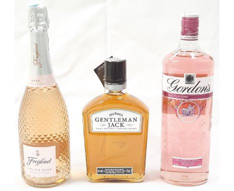 Three bottles of alcohol: 1L Gordons Pink gin, 70cl Jack Daniels Gentleman Jack whiskey and Freixenet sparkling rose wine (Re