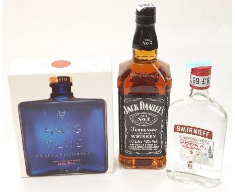 Three bottles of alcohol: 70cl Haig Club Single Grain Scotch Whiskey, 1L Jack Daniels whiskey and 35cl Smirnoff Vodka (Ref 83