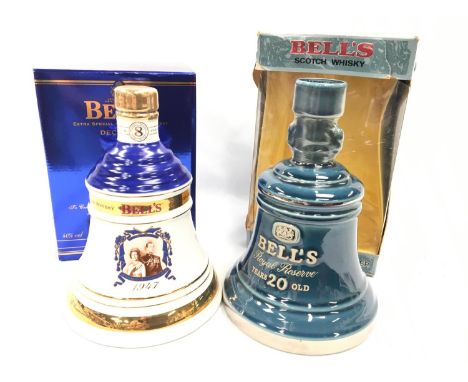 Two boxed Bell?s Scotch Whisky Wade porcelain decanters: one ?To Commemorate the Golden Wedding Anniversary of the Queen and 