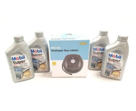 Ring RTC100 Analogue Tyre Inflator boxed together with 4 x 1L Mobil Super 3000 engine oil (REF 44, 98). 