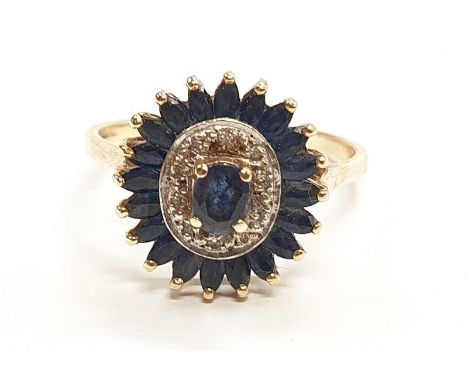 9ct gold ladies diamond and sapphire cluster ring. Size R (Ref 138). 