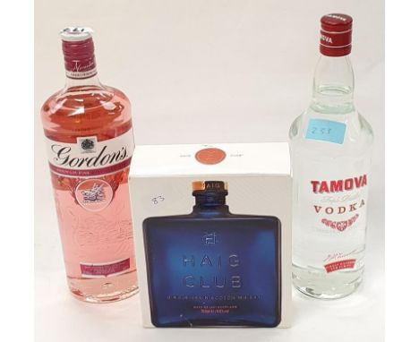 Three bottles of alcohol: 70cl Haig Club Single Grain Scotch whiskey, 1L Tamova Vodka and 1L Gordons Pink Gin (Ref 83/177/233