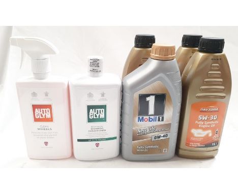 Four Bottles of vehicle engine oil together with two bottles of Auto Glym vehicle cleaning solution (REF 11, 154). 
