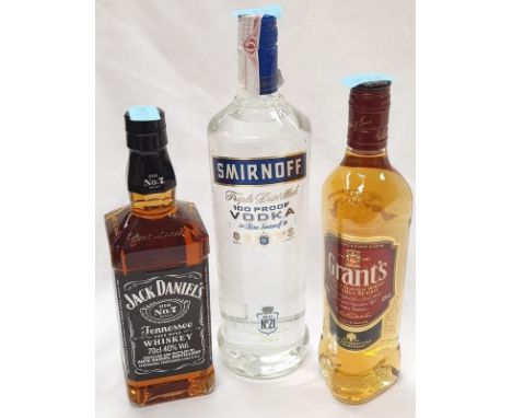 Three bottles of alcohol: 1L Smirnoff Triple Distilled 100 Proof Vodka, 70cl Jack Daniels Whiskey and 50cl Grants Scotch whis