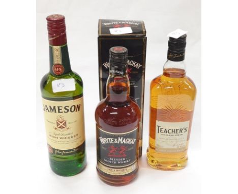 Three bottles of alcohol: 70cl Teachers Scotch whiskey, 70cl Whyte &amp; Mackay Scotch whiskey and 70cl Jameson Irish whiskey