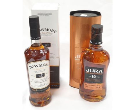 Two boxed bottles of Single Malt Scotch whiskey: Bowmore 12Y and Jura 10Y). 