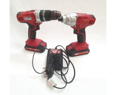 Two Workzone Titanium 18V Li-Ion power drills with battery charger (REF 132). 