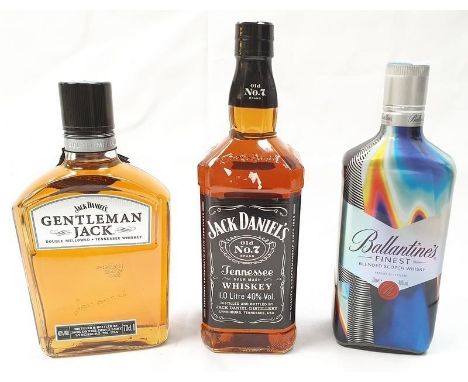 Three bottles of alcohol: 1l Jack Daniels whiskey, 70cl Jack Daniels Gentleman Jack whiskey and 70cl Ballantines blended scot