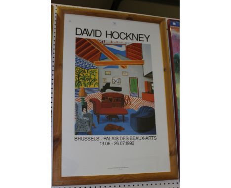 A colour poster, 'David Hockney' at Brussels Palais des Beaux-Arts, 1992, 88.5cm x 58cm, within a pine frame.