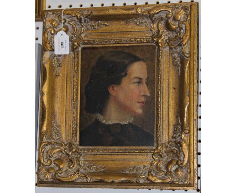 British School - Head and Shoulders Portrait of a Lady, late 19th century oil on canvas, 21cm x 16.5cm, within a gilt frame.