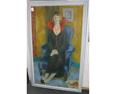 Ursula McCannell - Portrait of a Lady seated in a Chair, late 20th century oil on board, signed with initials, 120.5cm x 70.5