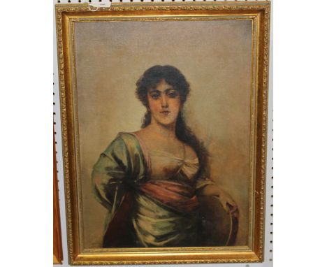 Continental School - Three-quarter Length Portrait of a Woman with a Tambourine, late 19th/early 20th century oil on canvas, 