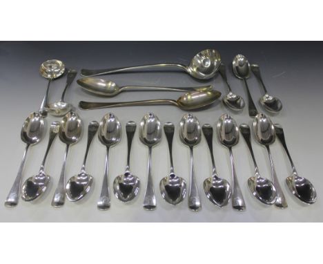 A Victorian Scottish silver part canteen of Hanoverian pattern cutlery, comprising a soup ladle, two basting spoons, two sauc