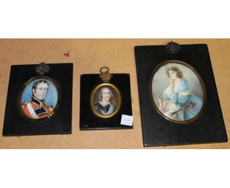 British School - Oval Miniature Portrait of a Gentleman in Armour, 19th century watercolour on ivory, 5cm x 4cm, together wit