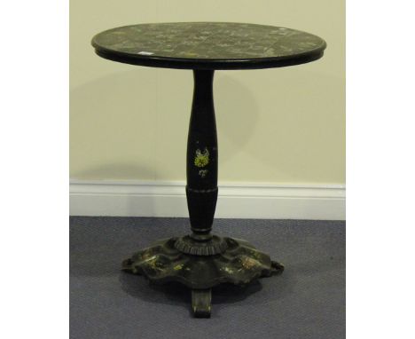 A mid-Victorian black papier-mâché and mother-of-pearl inlaid tip-top games table with floral painted decoration, the circula