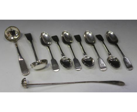 A Victorian Scottish silver toddy ladle, Edinburgh 1880 by William Marshall, length 24cm, a pair of Scottish silver Fiddle pa