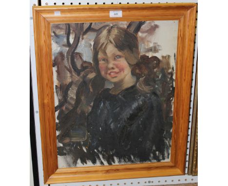 Attributed to Margaret Theyre - Head and Shoulders Portrait of a Young Girl, 20th century oil on canvas,  49cm x 40cm, within
