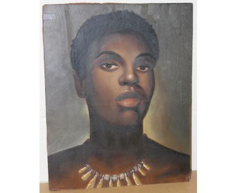 David Vango - Head and Shoulders Portrait of an African Woman, oil on hardboard, signed recto, label verso, 48cm x 38cm.