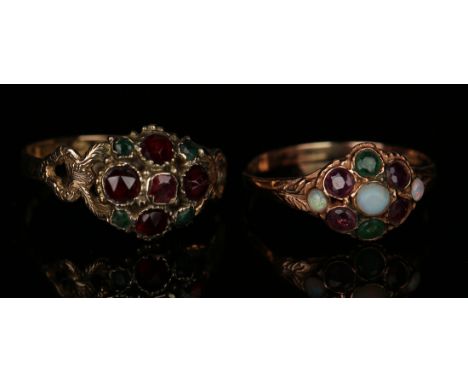 A Victorian 9ct gold, garnet and green gem set cluster ring with split shoulders, Birmingham 1870, ring size approx O1/2, and