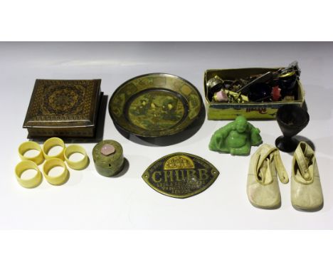 A group of various collectors' items, including a Sorrento ware inlaid box, a pair of white leather infant's shoes, three mod