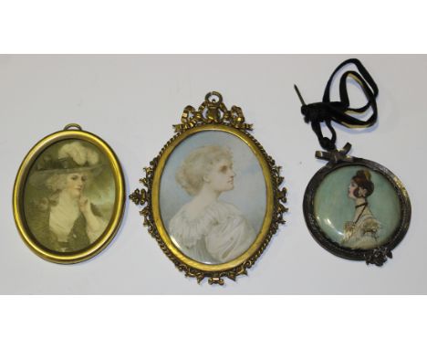 Late 19th/early 20th century British School - Oval Miniature Portrait of a Lady wearing a Feathered Hat, watercolour on ivory