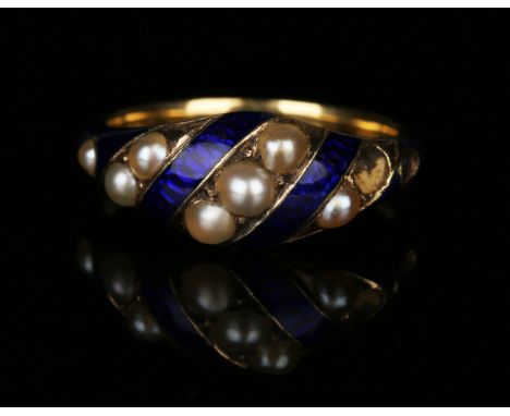 A Victorian gold, blue enamelled and half-pearl ring, mounted with rows of half-pearls alternating with blue enamelled bands,