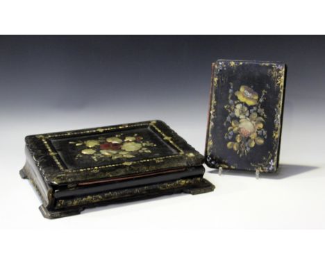 A Victorian papier-mâché writing slope, width 32cm (faults), together with a 19th century ebonized box, the top inlaid 'Mouch