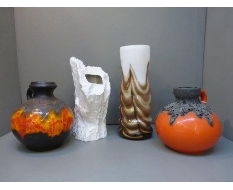 Two West German ceramic flagon vases, a Studio Art glass vase and another German vase in the form of a tree-trunk.