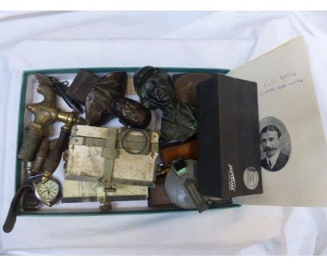 A tray of military and other related collectables including two 'Stuart's Marine Distance Meters' compass, etc.