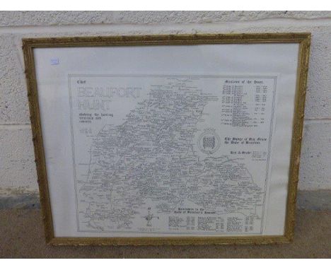 A gilt framed map of the Beaufort Hunt, showing the hunting territory and coverts.