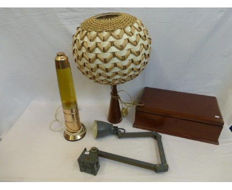 A 1970s wooden based table lamp, an oil lamp, a wall mounted angle-poise lamp and a jewellery box.