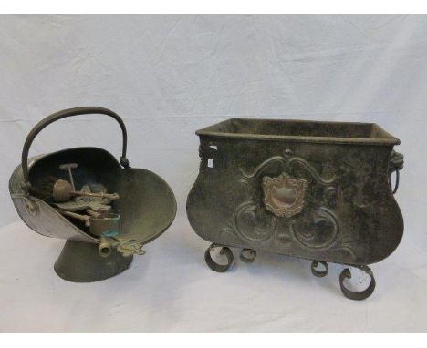 An assortment of fireside metalware including a helmet coal scuttle, log bin, etc.