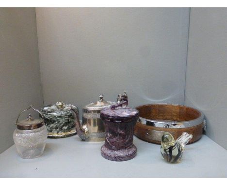 An oak and silver plated fruit bowl with presentation plaque, a marble effect cheese dome and a blue John style lidded glass 