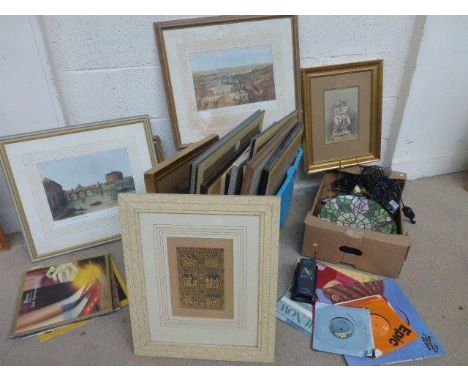 A collection of assorted prints, etchings etc., a small assortment of LPS and 45 singles, nine Tiffany style glass leaded cei