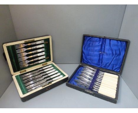 A cased set of six mother of pearl handled and silver-collared knives and forks, maker is Yates Brothers, Sheffield, 1906 and