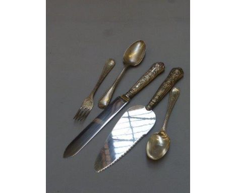 Two silver-handled knives, silver tablespoon and a silver christening spoon and fork set, maker Edward Hutton, London.